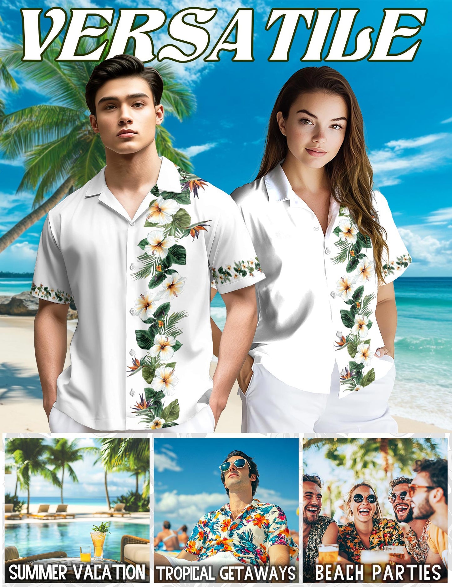 Netecom Bird of Paradise and Hibiscus Hawaiian Shirt for Men, Tropical Style, Button Down Summer Beach Short Sleeve, S-5XL