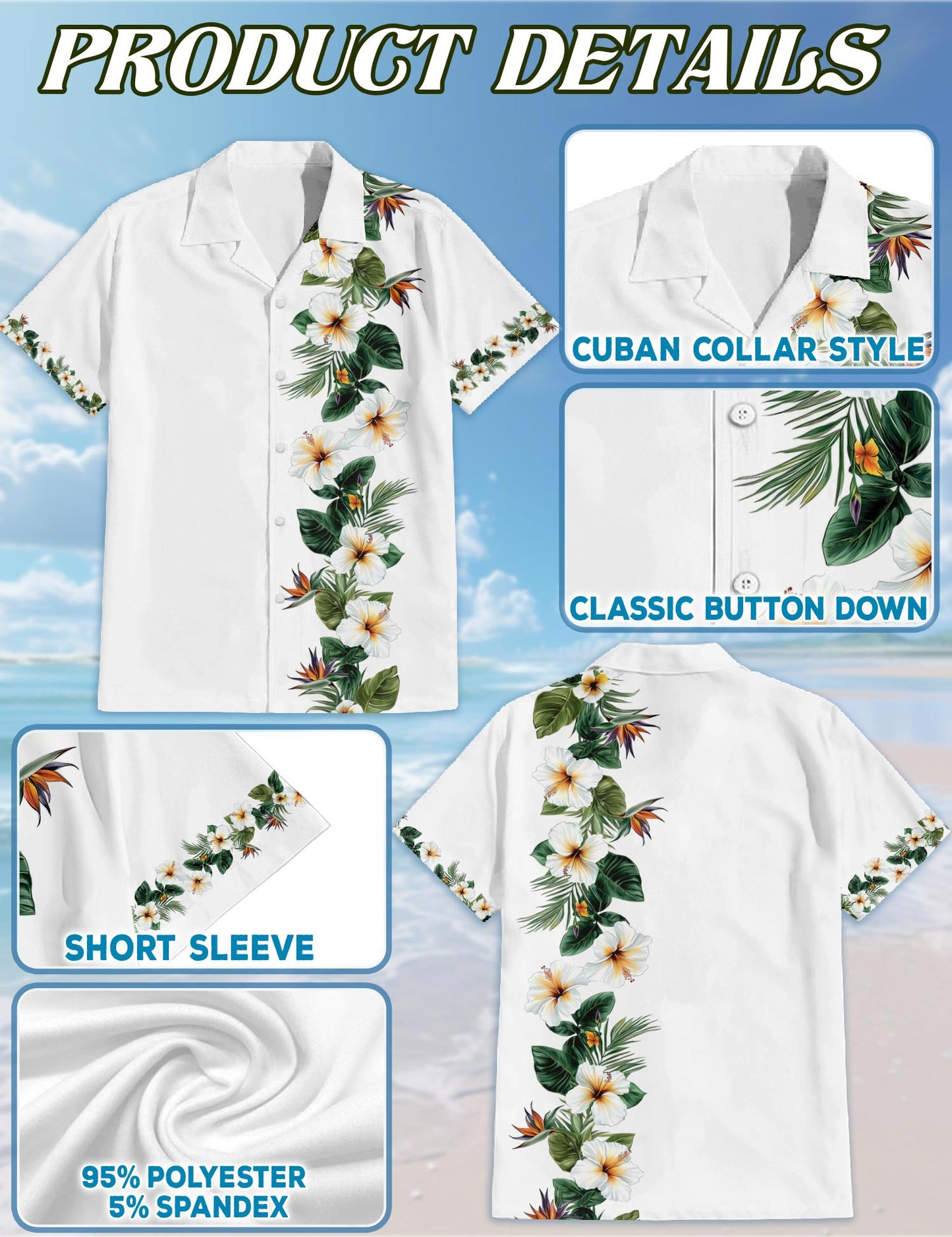 Netecom Bird of Paradise and Hibiscus Hawaiian Shirt for Men, Tropical Style, Button Down Summer Beach Short Sleeve, S-5XL