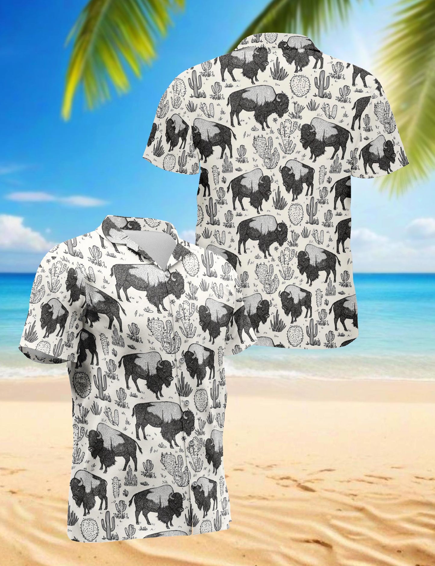 Netecom Bison Pattern Hawaiian Shirt for Men, Vintage Style, Button Down Summer Beach Short Sleeve, S-5XL