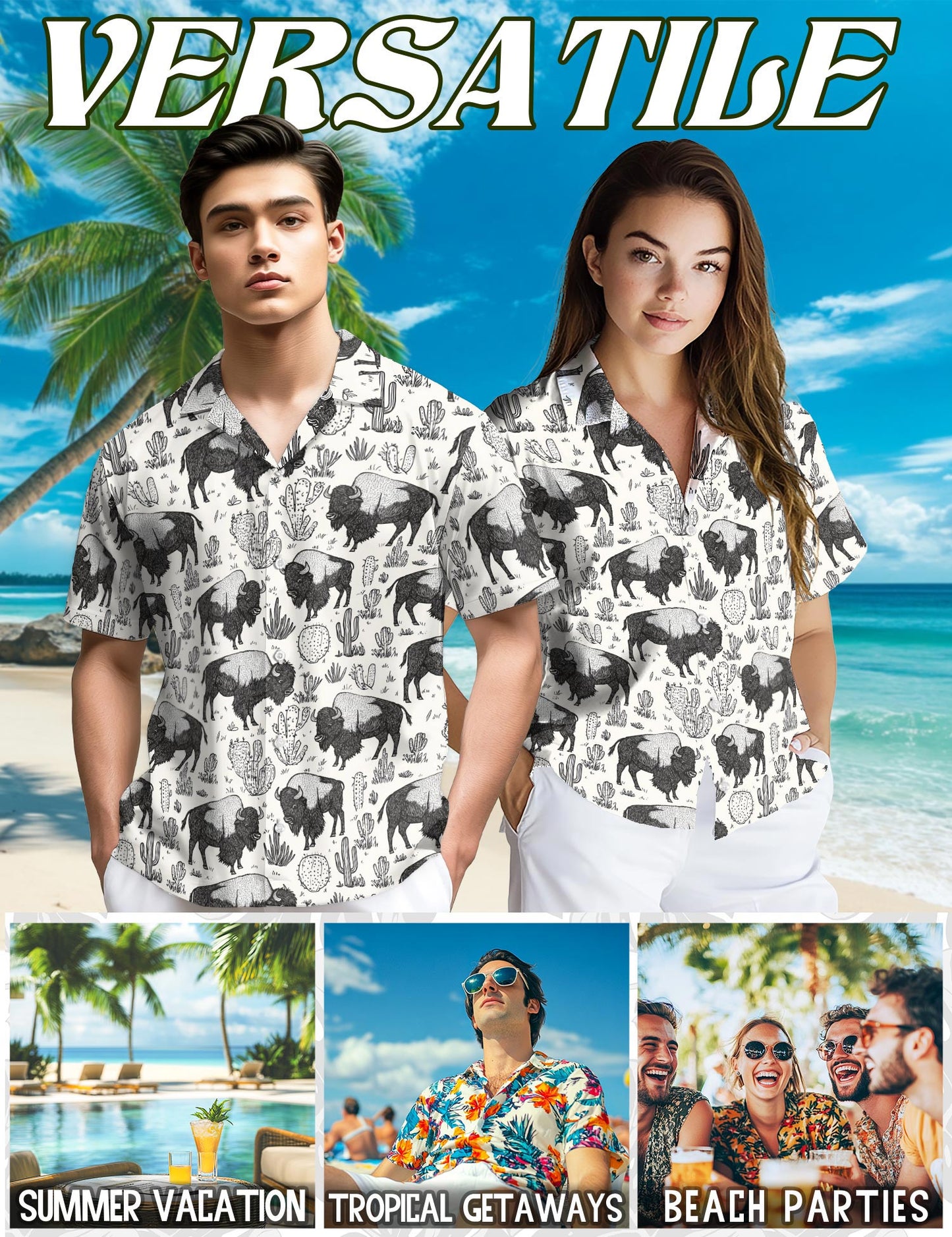 Netecom Bison Pattern Hawaiian Shirt for Men, Vintage Style, Button Down Summer Beach Short Sleeve, S-5XL