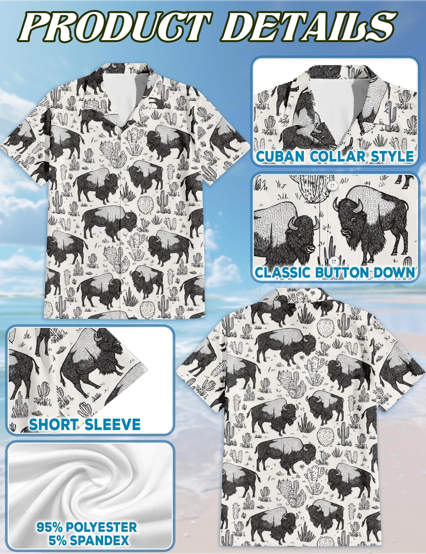 Netecom Bison Pattern Hawaiian Shirt for Men, Vintage Style, Button Down Summer Beach Short Sleeve, S-5XL