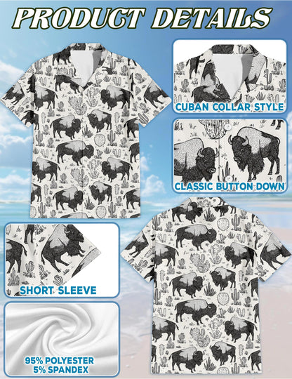 Netecom Bison Pattern Hawaiian Shirt for Men, Vintage Style, Button Down Summer Beach Short Sleeve, S-5XL
