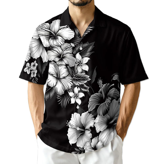 Netecom Black And White Hibiscus Hawaiian Shirt for Men