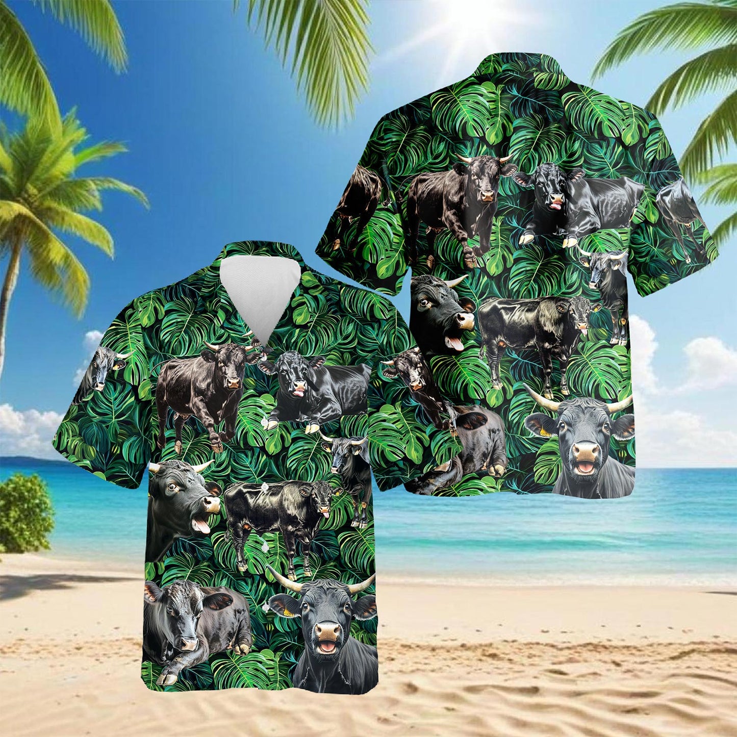 Netecom Black Angus Cattle Tropical Hawaiian Shirt for Men, Button Down Summer Beach Short Sleeve, Tropical Style, S-5XL