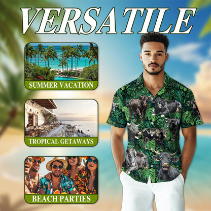 Netecom Black Angus Cattle Tropical Hawaiian Shirt for Men, Button Down Summer Beach Short Sleeve, Tropical Style, S-5XL