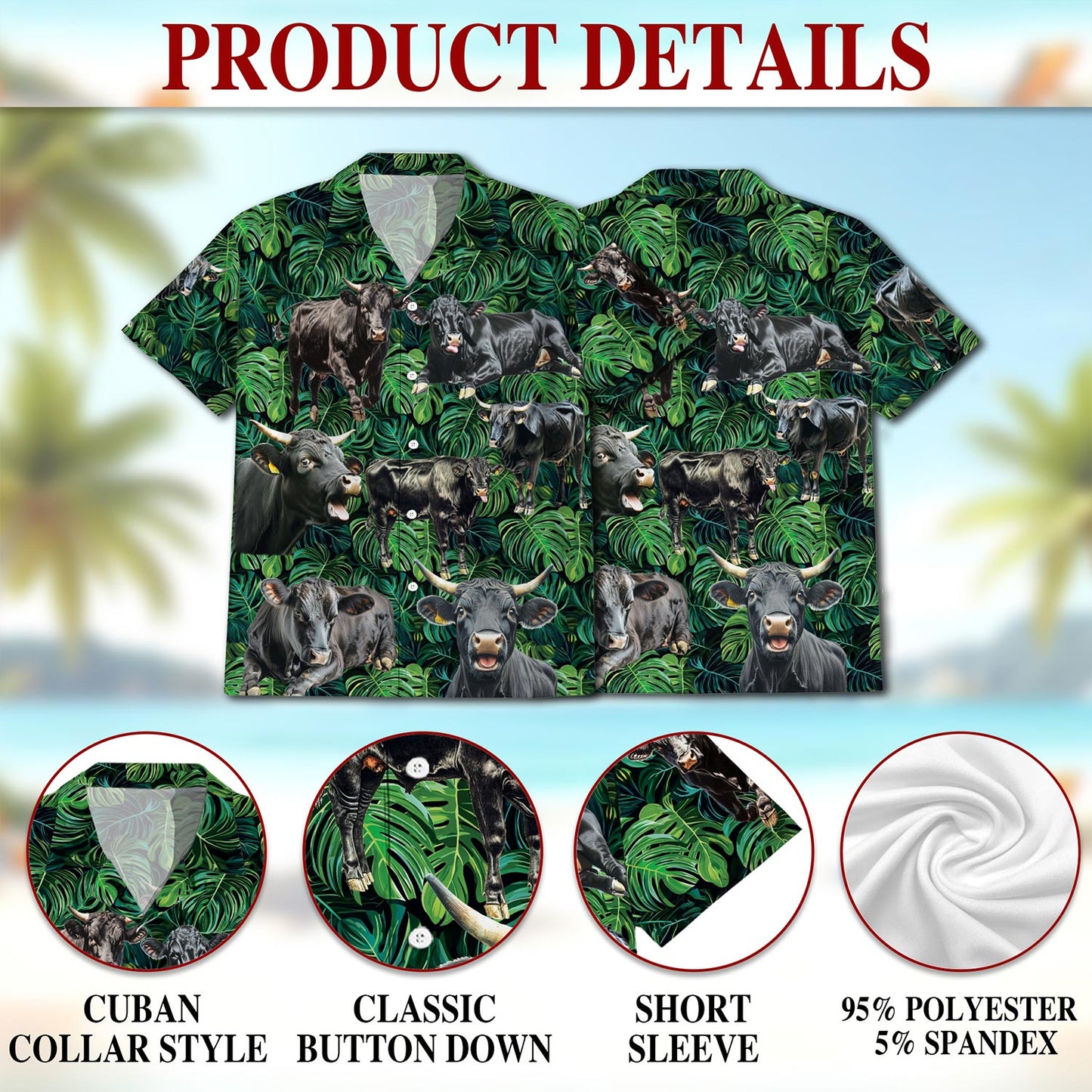 Netecom Black Angus Cattle Tropical Hawaiian Shirt for Men, Button Down Summer Beach Short Sleeve, Tropical Style, S-5XL