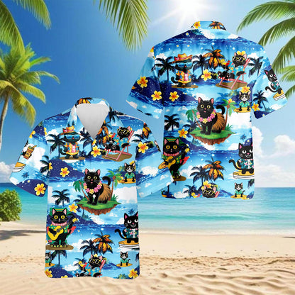 Netecom Black Cat Beach Hawaiian Shirt for Men, Tropical Style, Button Down Summer Beach Short Sleeve, S-5XL