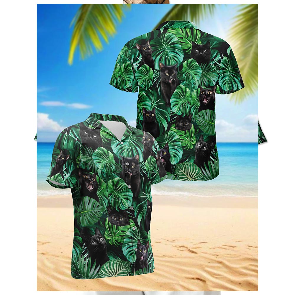 Netecom Black Cat Hawaiian Shirt for Men, Tropical Style, Button Down Summer Beach Short Sleeve, S-5XL
