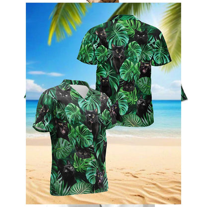 Netecom Black Cat Hawaiian Shirt for Men, Tropical Style, Button Down Summer Beach Short Sleeve, S-5XL