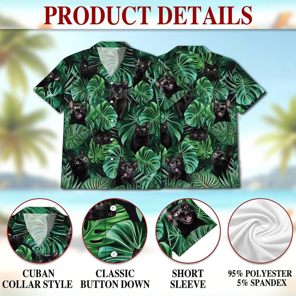 Netecom Black Cat Hawaiian Shirt for Men, Tropical Style, Button Down Summer Beach Short Sleeve, S-5XL
