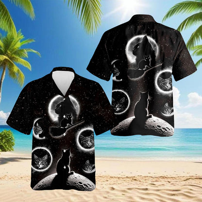 Netecom Black Cat Moonlight Hawaiian Shirt for Men, Button Down Summer Beach Short Sleeve, Cat Lover Gift, Sizes S-5XL