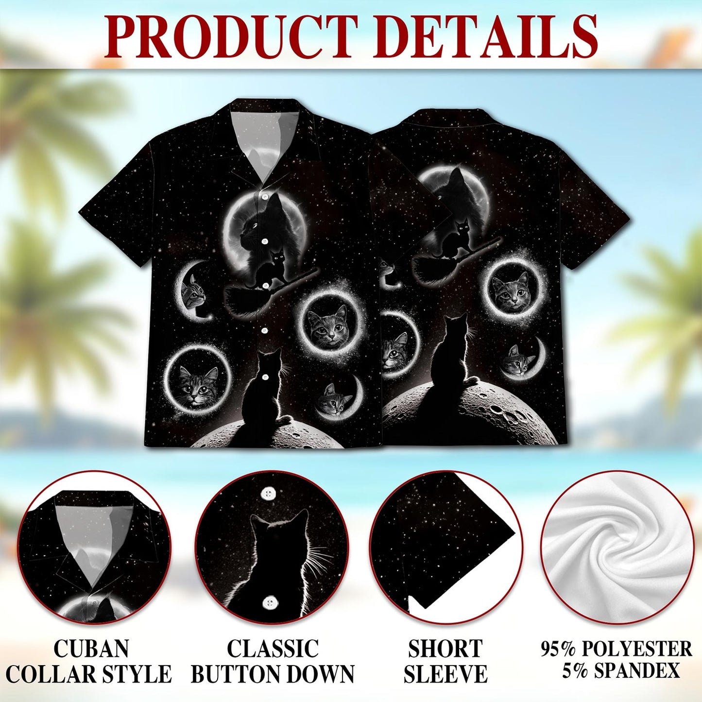 Netecom Black Cat Moonlight Hawaiian Shirt for Men, Button Down Summer Beach Short Sleeve, Cat Lover Gift, Sizes S-5XL