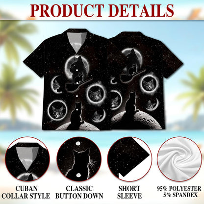 Netecom Black Cat Moonlight Hawaiian Shirt for Men, Button Down Summer Beach Short Sleeve, Cat Lover Gift, Sizes S-5XL