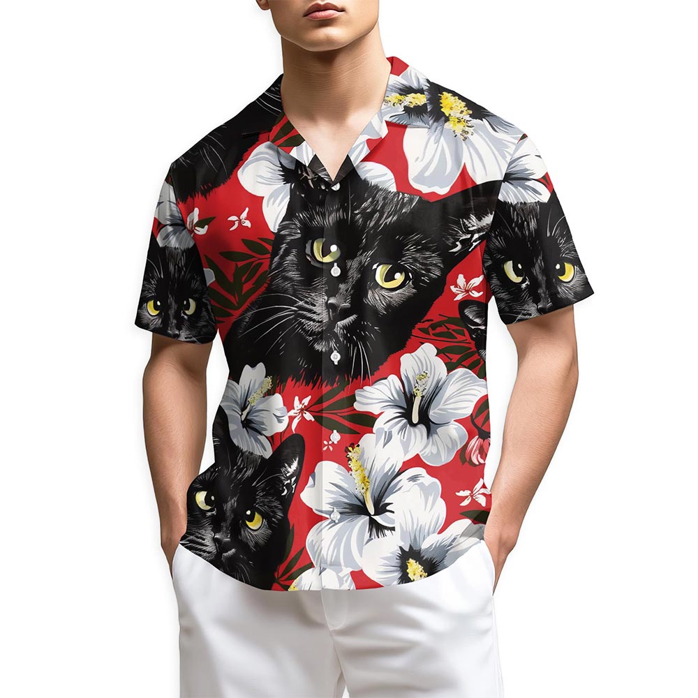 Netecom Black Cat Tropical Floral Hawaiian Shirt for Men