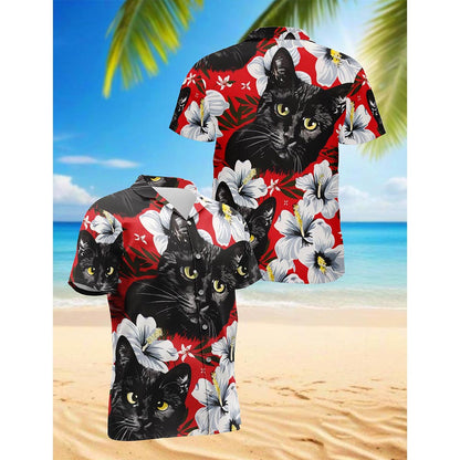 Netecom Black Cat Tropical Floral Hawaiian Shirt for Men, Button Down Summer Beach Short Sleeve, Cat Lover Gifts, S-5XL