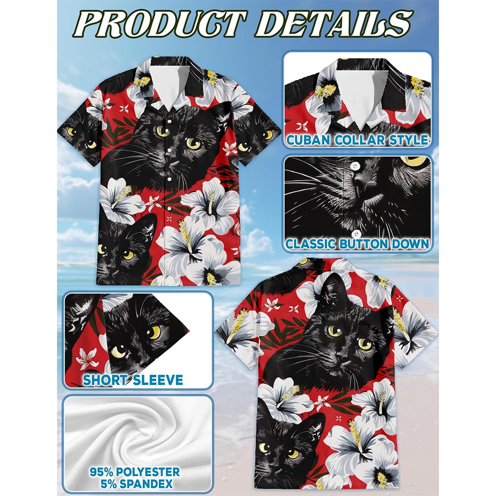 Netecom Black Cat Tropical Floral Hawaiian Shirt for Men, Button Down Summer Beach Short Sleeve, Cat Lover Gifts, S-5XL