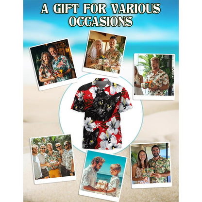 Netecom Black Cat Tropical Floral Hawaiian Shirt for Men, Button Down Summer Beach Short Sleeve, Cat Lover Gifts, S-5XL