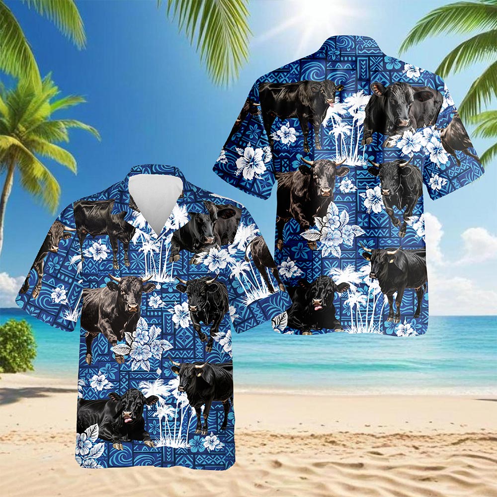 Netecom Black Cattle Hawaiian Shirt for Men, Tropical Style, Button Down Summer Beach Short Sleeve, S-5XL