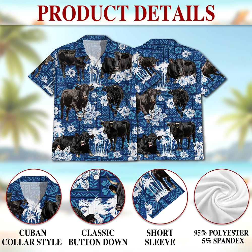 Netecom Black Cattle Hawaiian Shirt for Men, Tropical Style, Button Down Summer Beach Short Sleeve, S-5XL