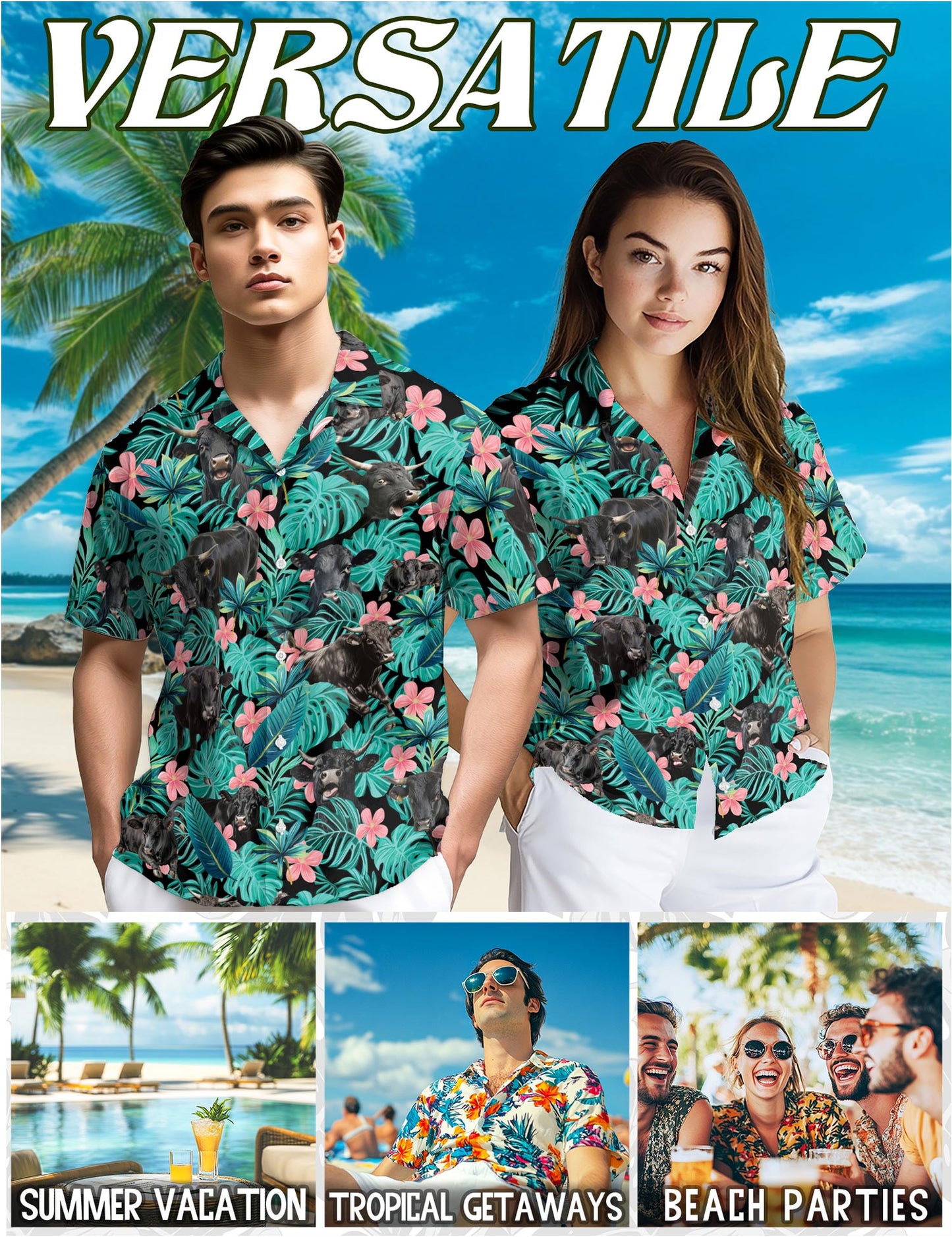Netecom Black Cow Hawaiian Shirt for Men, Tropical Style, Button Down Summer Beach Short Sleeve, S-5XL