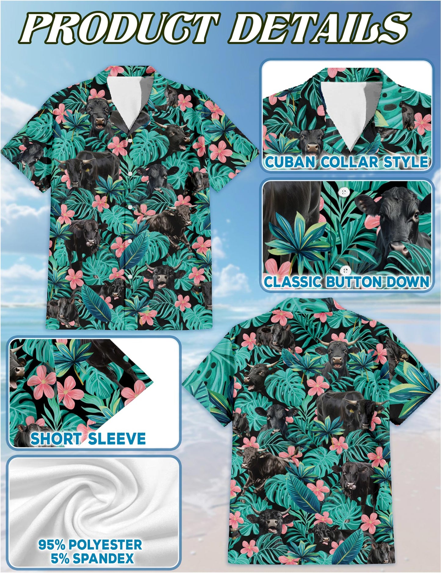 Netecom Black Cow Hawaiian Shirt for Men, Tropical Style, Button Down Summer Beach Short Sleeve, S-5XL