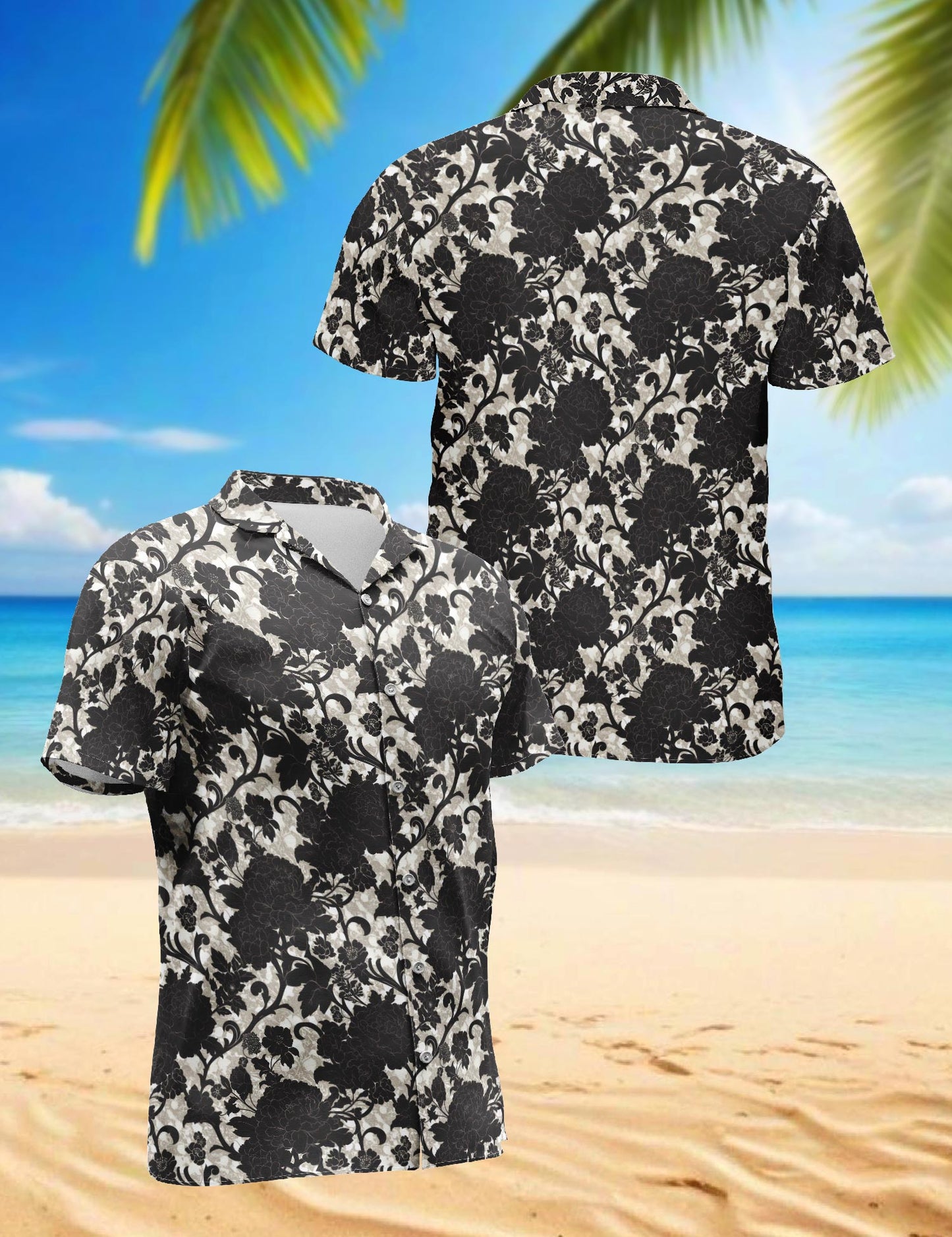 Netecom Black Gothic Floral Hawaiian Shirt for Men, Tropical Style, Button Down Summer Beach Short Sleeve, S-5XL