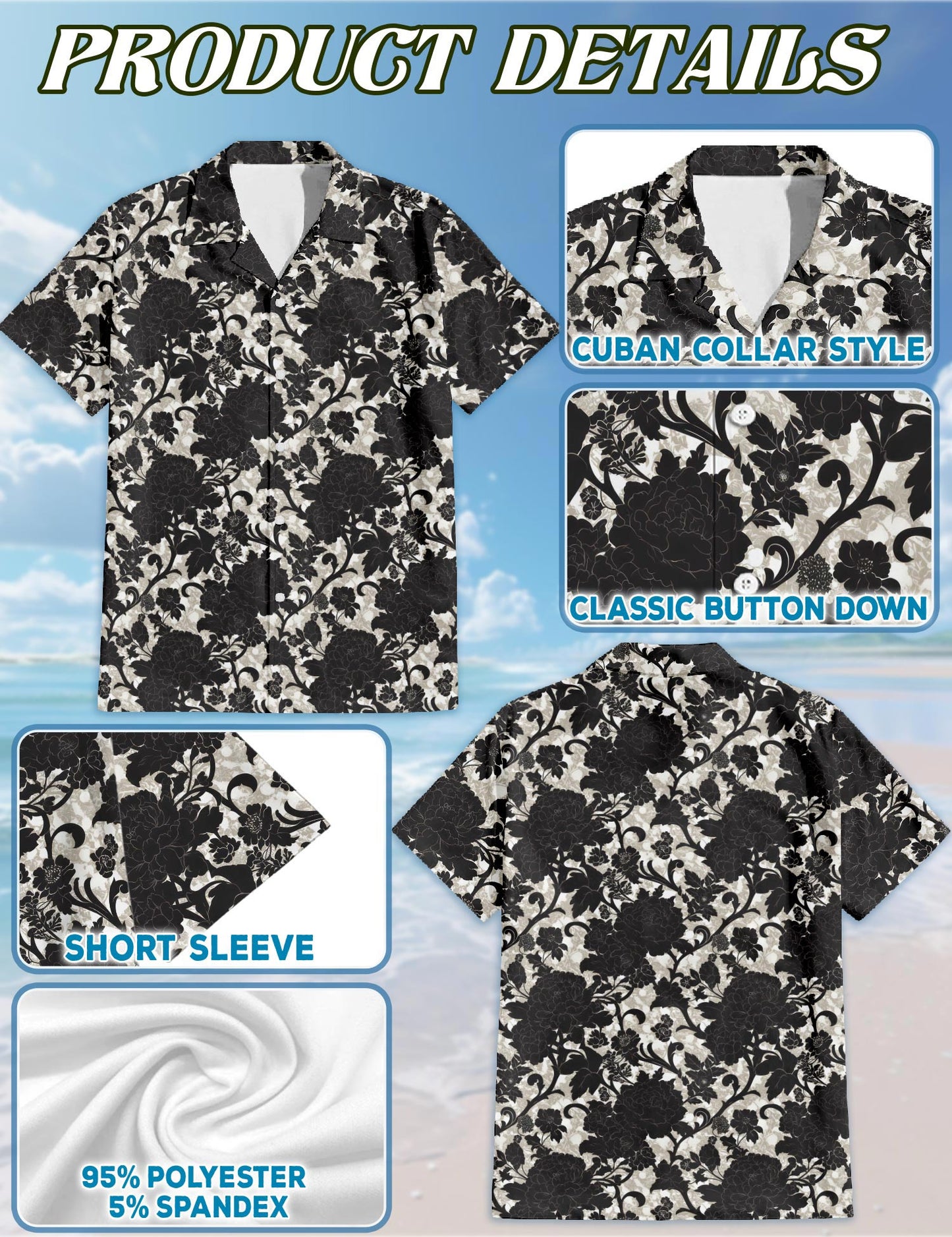 Netecom Black Gothic Floral Hawaiian Shirt for Men, Tropical Style, Button Down Summer Beach Short Sleeve, S-5XL