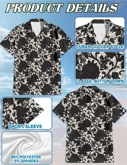 Netecom Black Gothic Floral Hawaiian Shirt for Men, Tropical Style, Button Down Summer Beach Short Sleeve, S-5XL