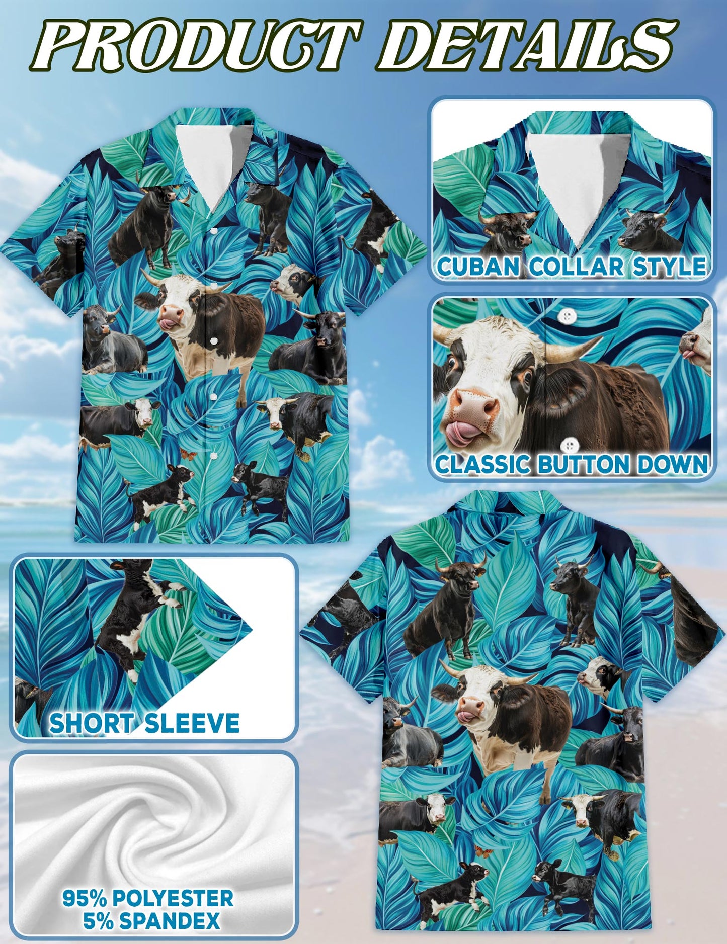 Netecom Black Hereford Cattle Hawaiian Shirt for Men, Button Down Summer Beach Short Sleeve, Tropical Style, Sizes S-5XL