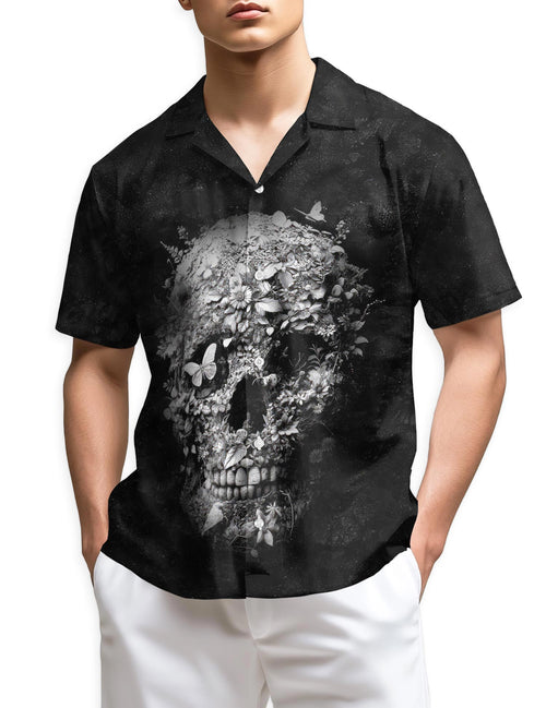 Netecom Black Skull Flower Hawaiian Shirt for Men