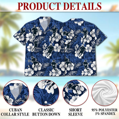 Netecom Blue Black Lacrosse Hawaiian Shirt for Men, Tropical Style, Button Down Summer Beach Short Sleeve, S-5XL