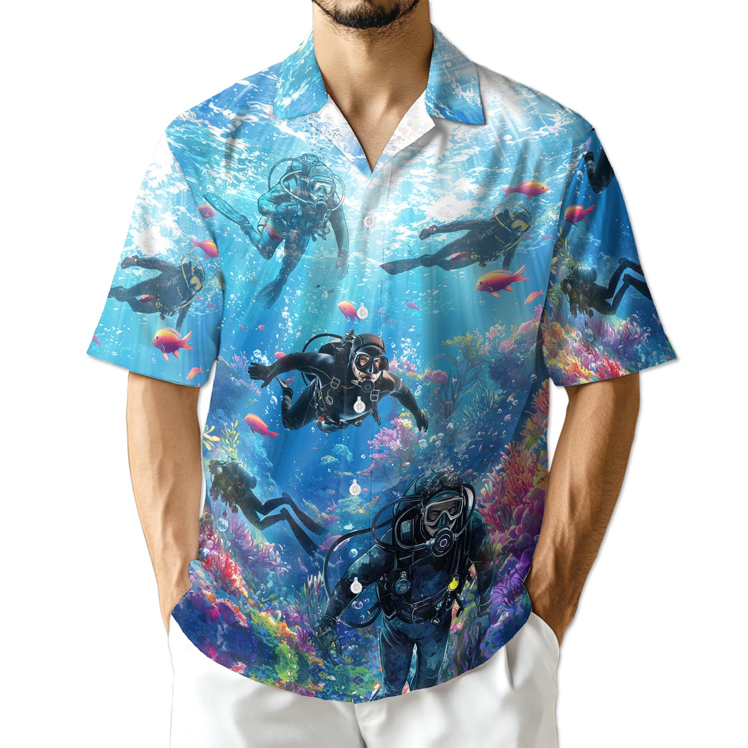 Netecom Blue Scuba Diving And Coral Reefs Hawaiian Shirt for Men