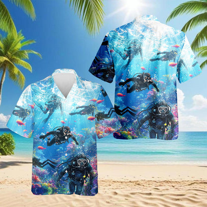 Netecom Blue Scuba Diving And Coral Reefs Hawaiian Shirt for Men, Button Down Summer Beach Short Sleeve, S-5XL