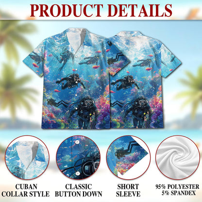 Netecom Blue Scuba Diving And Coral Reefs Hawaiian Shirt for Men, Button Down Summer Beach Short Sleeve, S-5XL