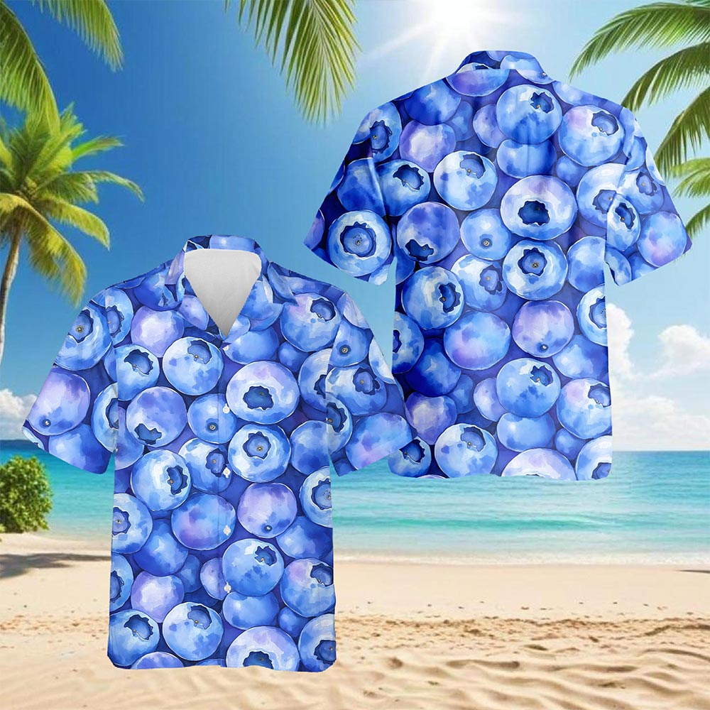 Netecom Blueberry Pattern Hawaiian Shirt for Men, Fresh Summer Fruit Lover Gifts, Button Down Summer Beach Short Sleeve, S-5XL