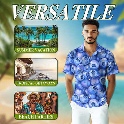 Netecom Blueberry Pattern Hawaiian Shirt for Men, Fresh Summer Fruit Lover Gifts, Button Down Summer Beach Short Sleeve, S-5XL