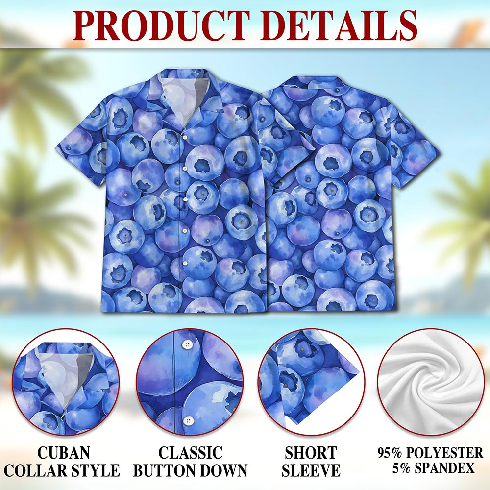 Netecom Blueberry Pattern Hawaiian Shirt for Men, Fresh Summer Fruit Lover Gifts, Button Down Summer Beach Short Sleeve, S-5XL