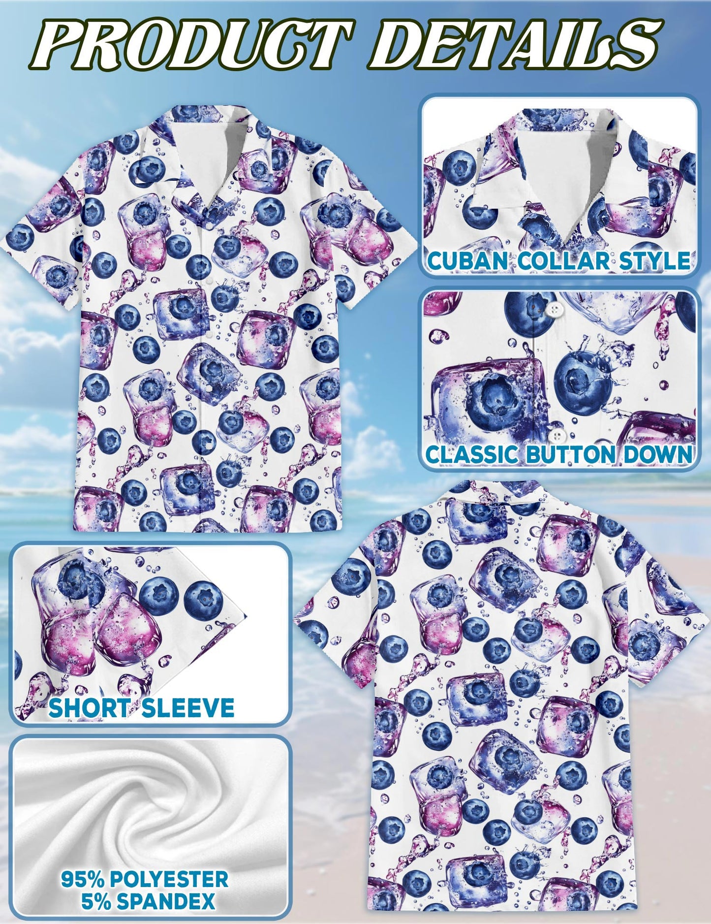 Netecom Blueberry Pattern Hawaiian Shirt for Men, Vintage Style, Button Down Summer Beach Short Sleeve, S-5XL