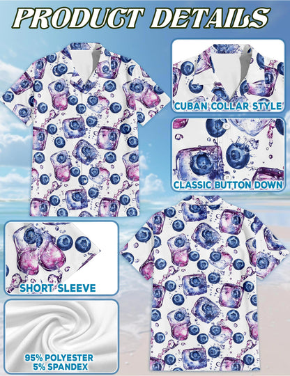 Netecom Blueberry Pattern Hawaiian Shirt for Men, Vintage Style, Button Down Summer Beach Short Sleeve, S-5XL