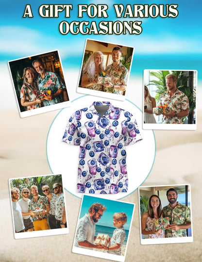 Netecom Blueberry Pattern Hawaiian Shirt for Men, Vintage Style, Button Down Summer Beach Short Sleeve, S-5XL