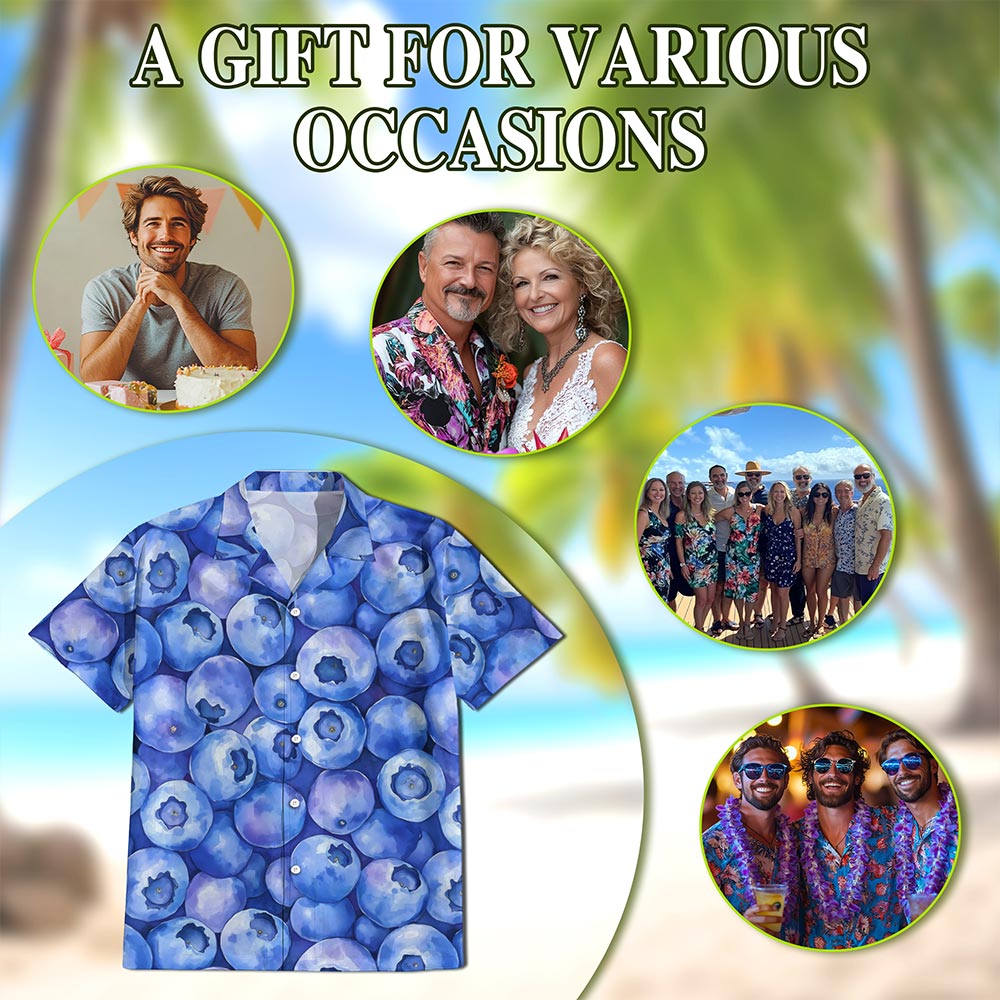 Netecom Blueberry Pattern Hawaiian Shirt for Men, Fresh Summer Fruit Lover Gifts, Button Down Summer Beach Short Sleeve, S-5XL