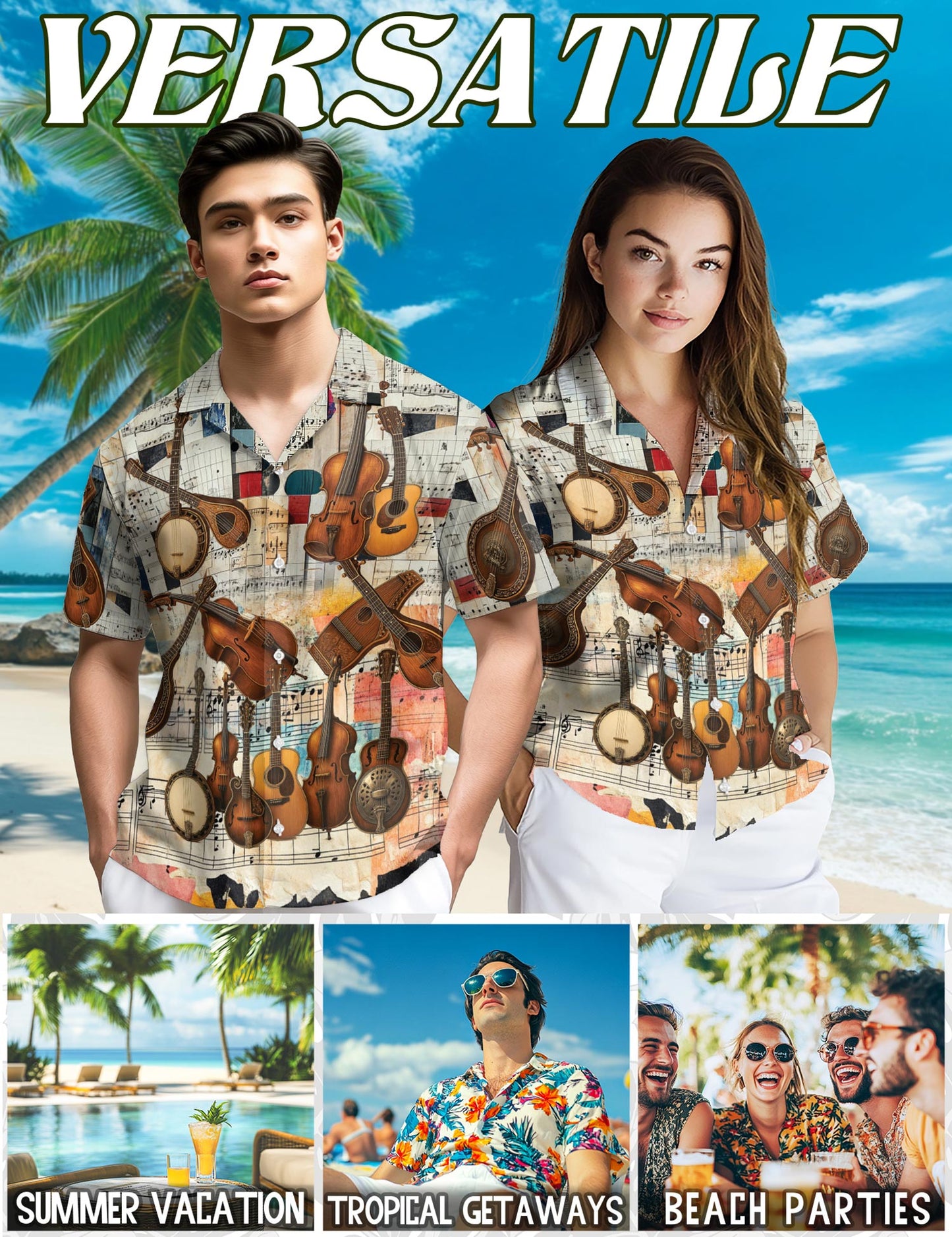 Netecom Bluegrass Music Hawaiian Shirt for Men, Vintage Style, Button Down Summer Beach Short Sleeve, S-5XL