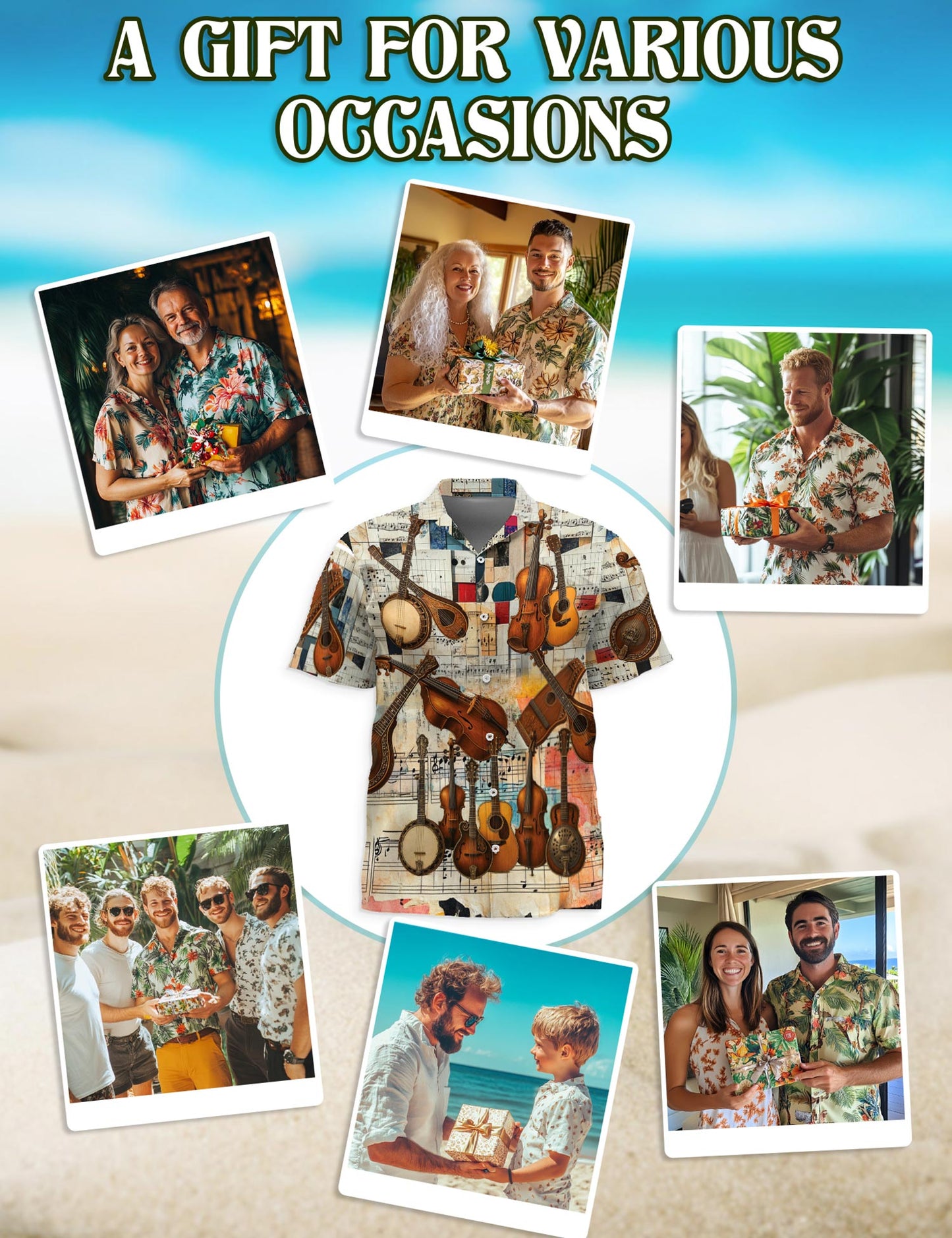 Netecom Bluegrass Music Hawaiian Shirt for Men, Vintage Style, Button Down Summer Beach Short Sleeve, S-5XL