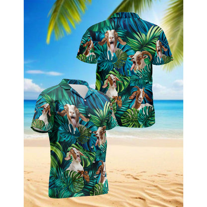 Netecom Boer Goats Hawaiian Shirt for Men, Button Down Summer Beach Short Sleeve, Tropical Style, Sizes S-5XL