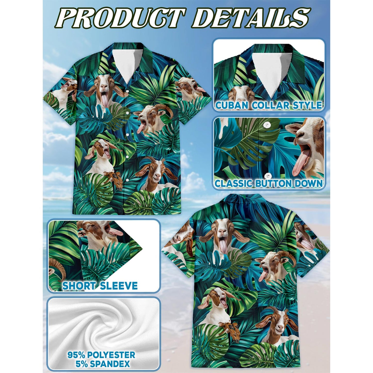 Netecom Boer Goats Hawaiian Shirt for Men, Button Down Summer Beach Short Sleeve, Tropical Style, Sizes S-5XL