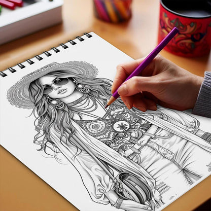 Netecom Bohemian Girls Coloring Book Spiral Bound for Adults