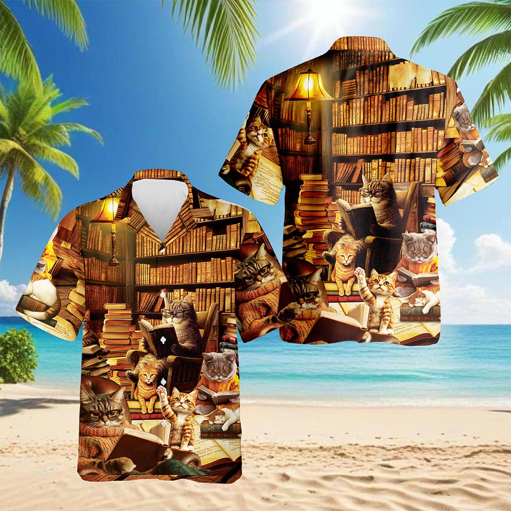Netecom Book and Cat Hawaiian Shirt for Men, Button Down Summer Beach Short Sleeve, S-5XL