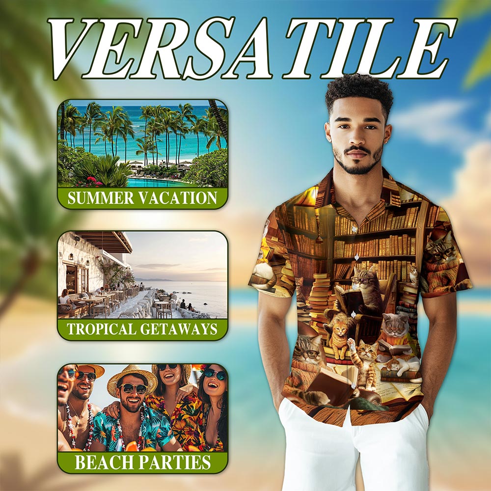 Netecom Book and Cat Hawaiian Shirt for Men, Button Down Summer Beach Short Sleeve, S-5XL