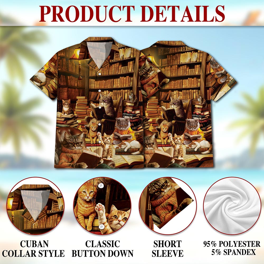 Netecom Book and Cat Hawaiian Shirt for Men, Button Down Summer Beach Short Sleeve, S-5XL