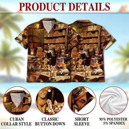 Netecom Book and Cat Hawaiian Shirt for Men, Button Down Summer Beach Short Sleeve, S-5XL